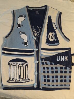 Vintage Birch Bros UNC Themed Knit Vest with Cheer Icons - Light Blue & Navy